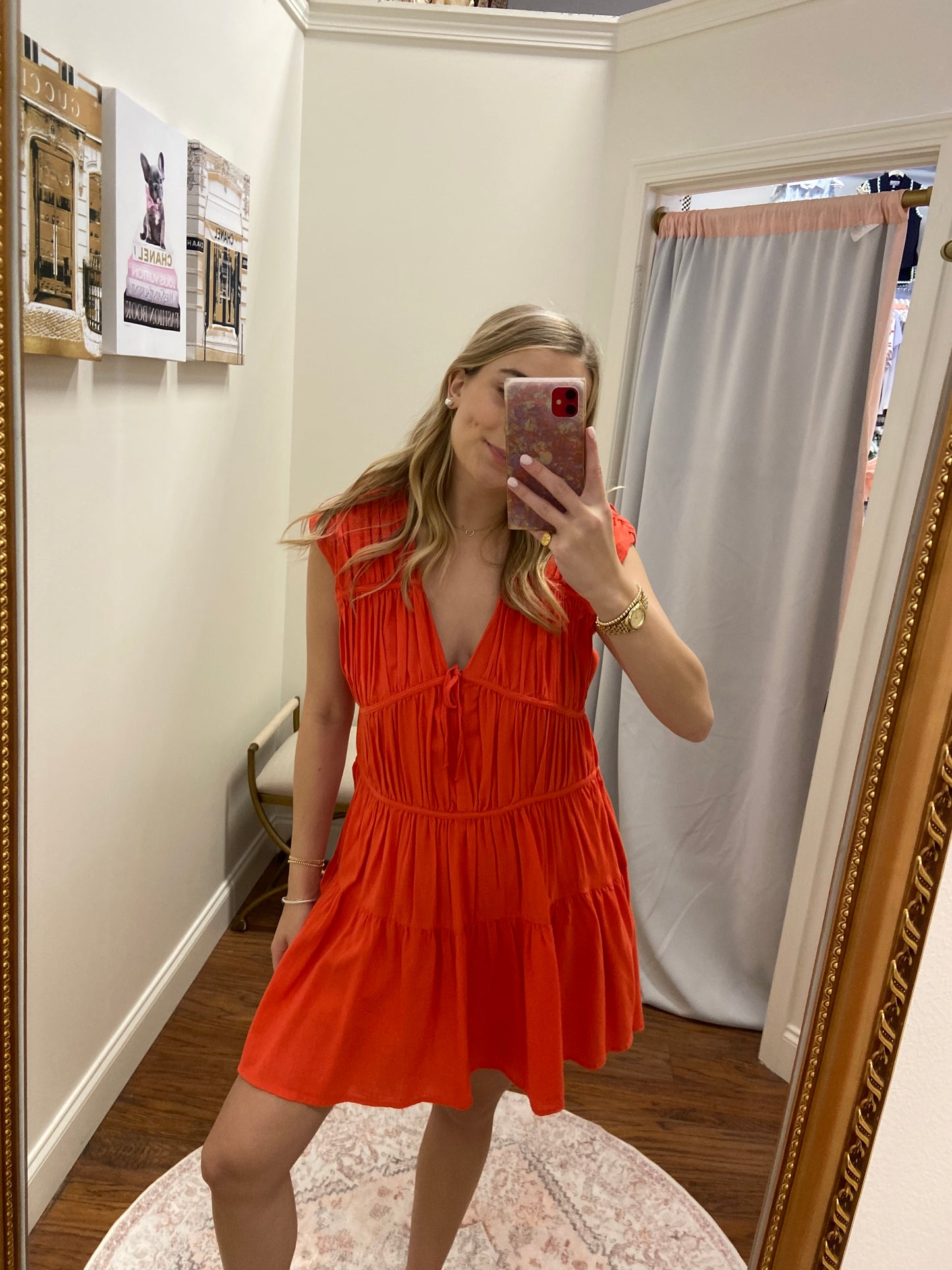 ELAN Cameron V-Neck Pleated Tiered Mini Dress
