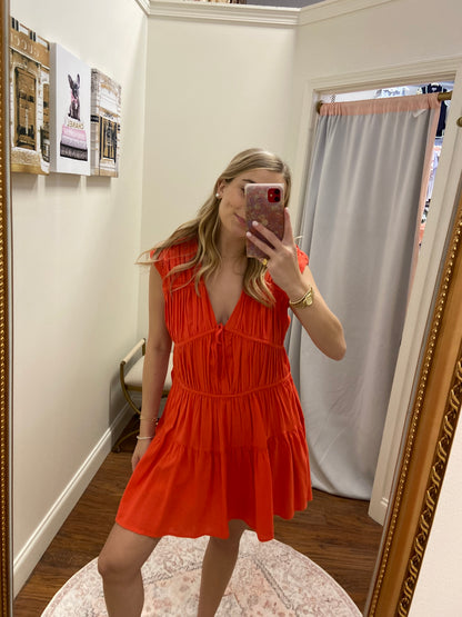 ELAN Cameron V-Neck Pleated Tiered Mini Dress
