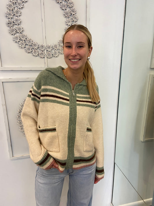 Cactus Green and Cream Zip Up Sweater