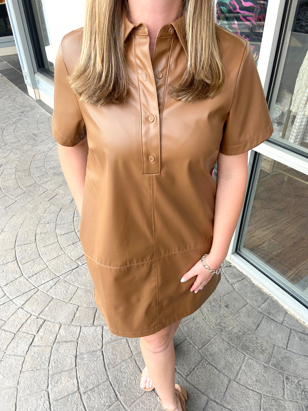 JADE Vegan Leather Placket Dress - Camel