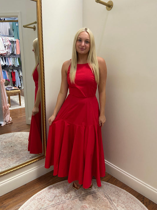 Ruby Red Halter A-line Midi Dress