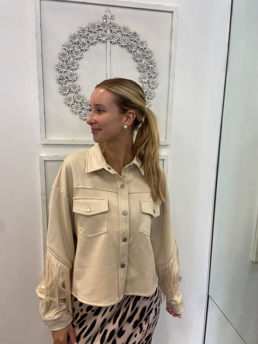 Cream Suede with Fringe Button Up Jacket