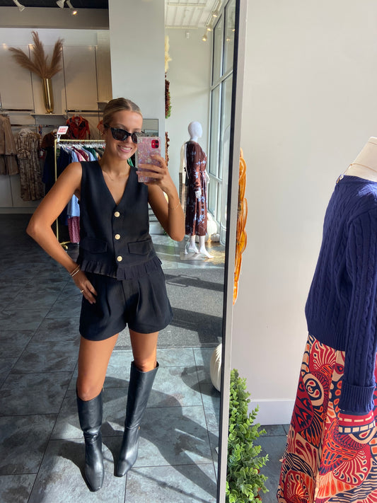 JOY JOY Herringbone Ruffle Knit Short Set