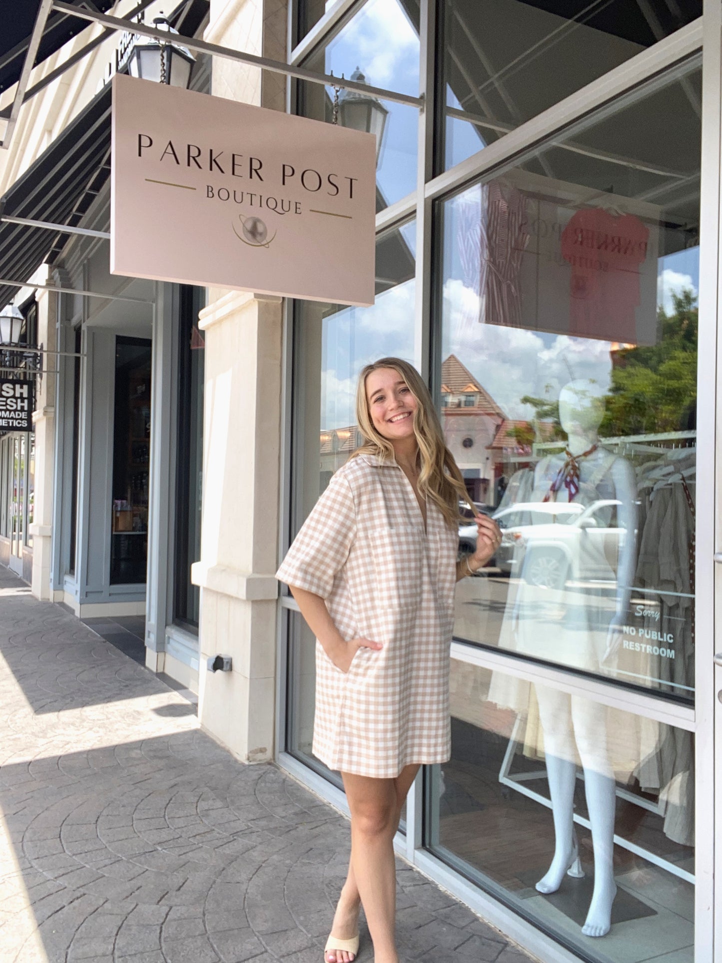 KARLIE Khaki Check Denim VNeck Pocket Dress