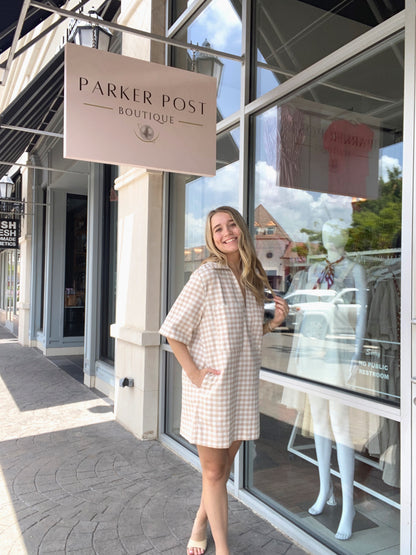 KARLIE Khaki Check Denim VNeck Pocket Dress