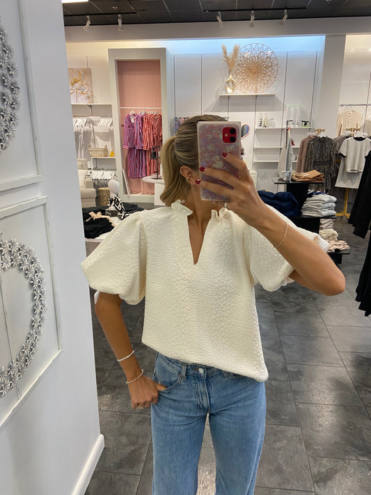 Cream Puff Sleeve V-Neck Textured Top