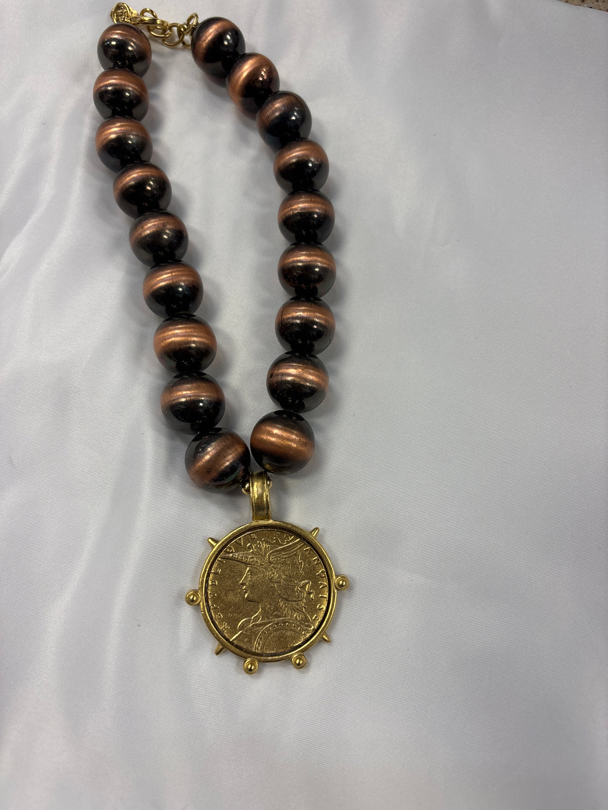 YOCHI Queen Elizabeth Coin On Brown Bead Necklace