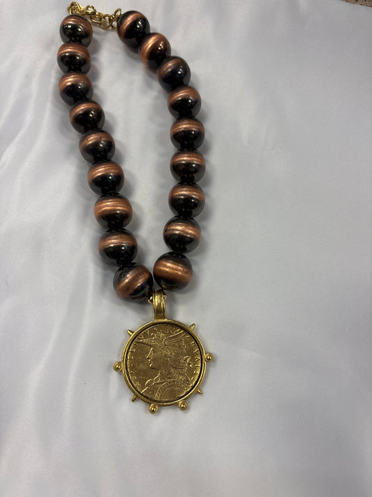 YOCHI Queen Elizabeth Coin On Brown Bead Necklace