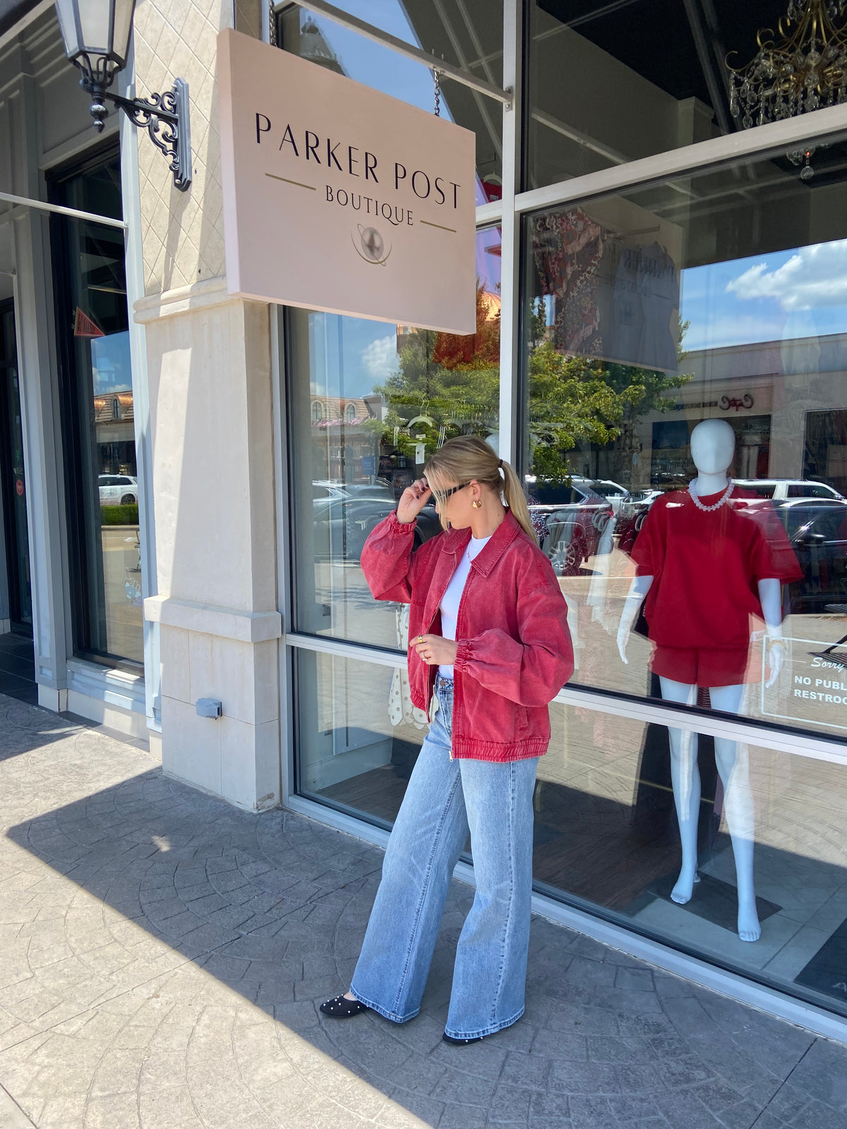 Toni Distressed Red Denim Bomber Jacket