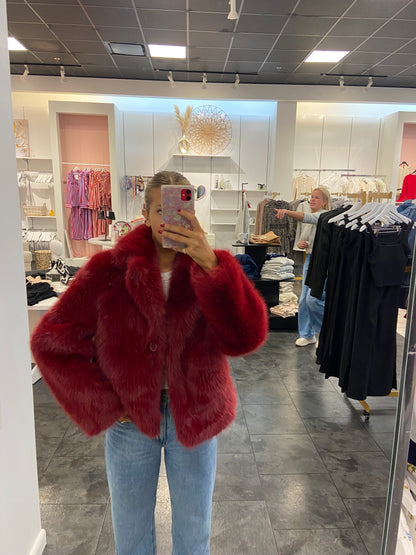 Burgundy Fur Collar Short Coat