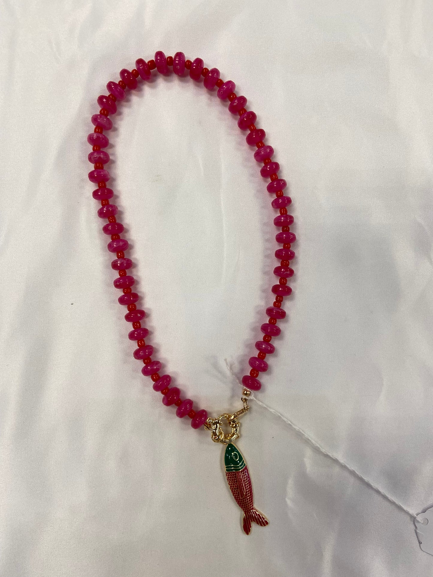 Small Fuschia Bead With Fish Necklace