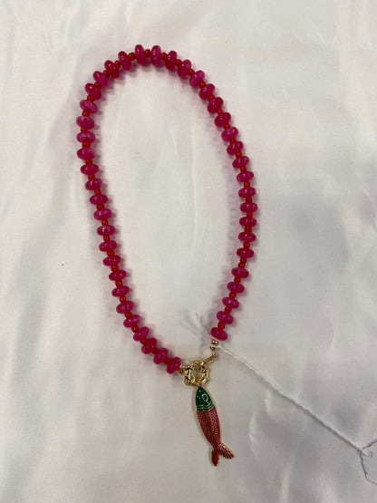 Small Fuschia Bead With Fish Necklace