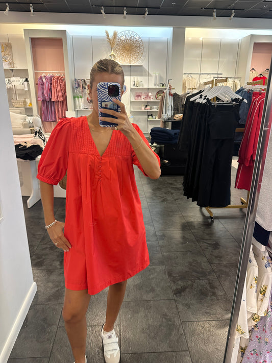 JOY JOY Red Pin Tuck Yoke Dress
