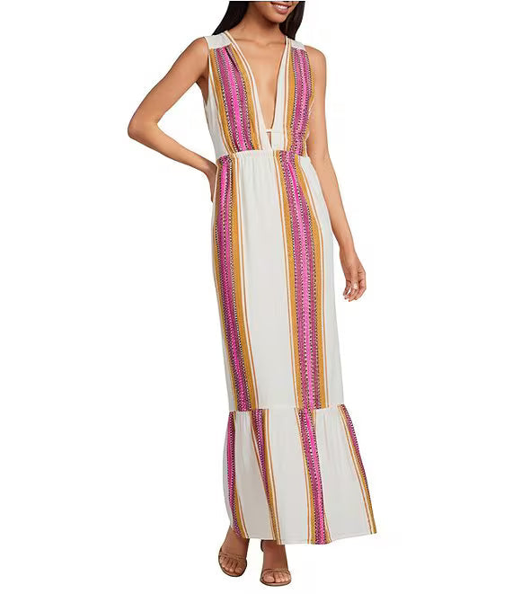 Cream with Purple Sleeveless Maxi Halter Dress