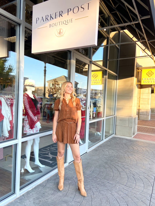 LOVE THE LABEL Katie Cognac Mini Skirt