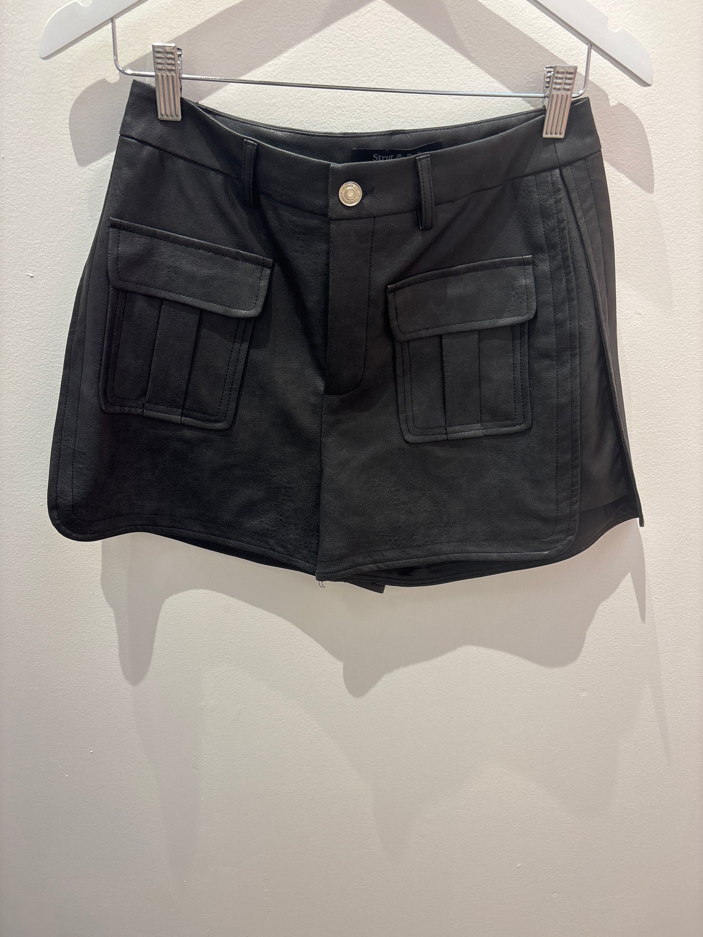 Eliza Black Side Slit Faux Leather Shorts