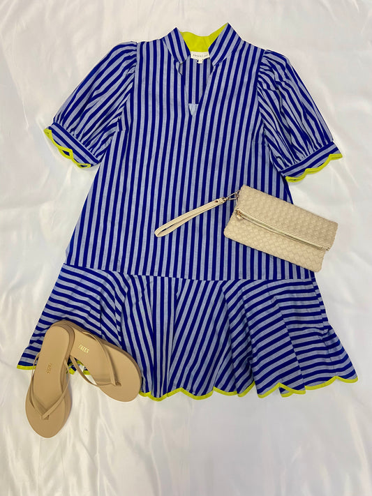 Urban Navy Stripe Scallop Sleeve Mini Dress