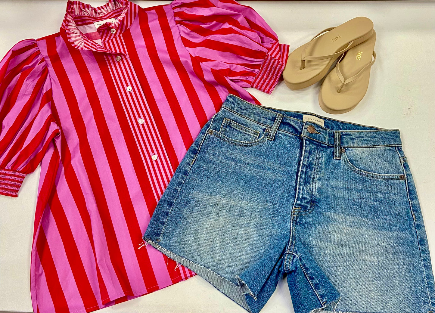 Ringo Stripe Button Top with Ruffle Collar