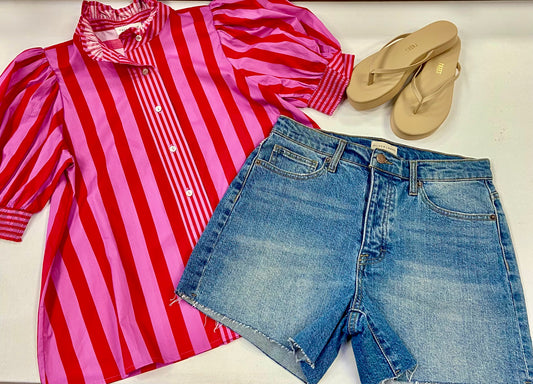 Ringo Stripe Button Top with Ruffle Collar