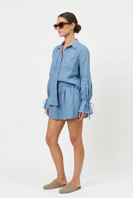 Mei Denim Colored Linen Top and Short Set