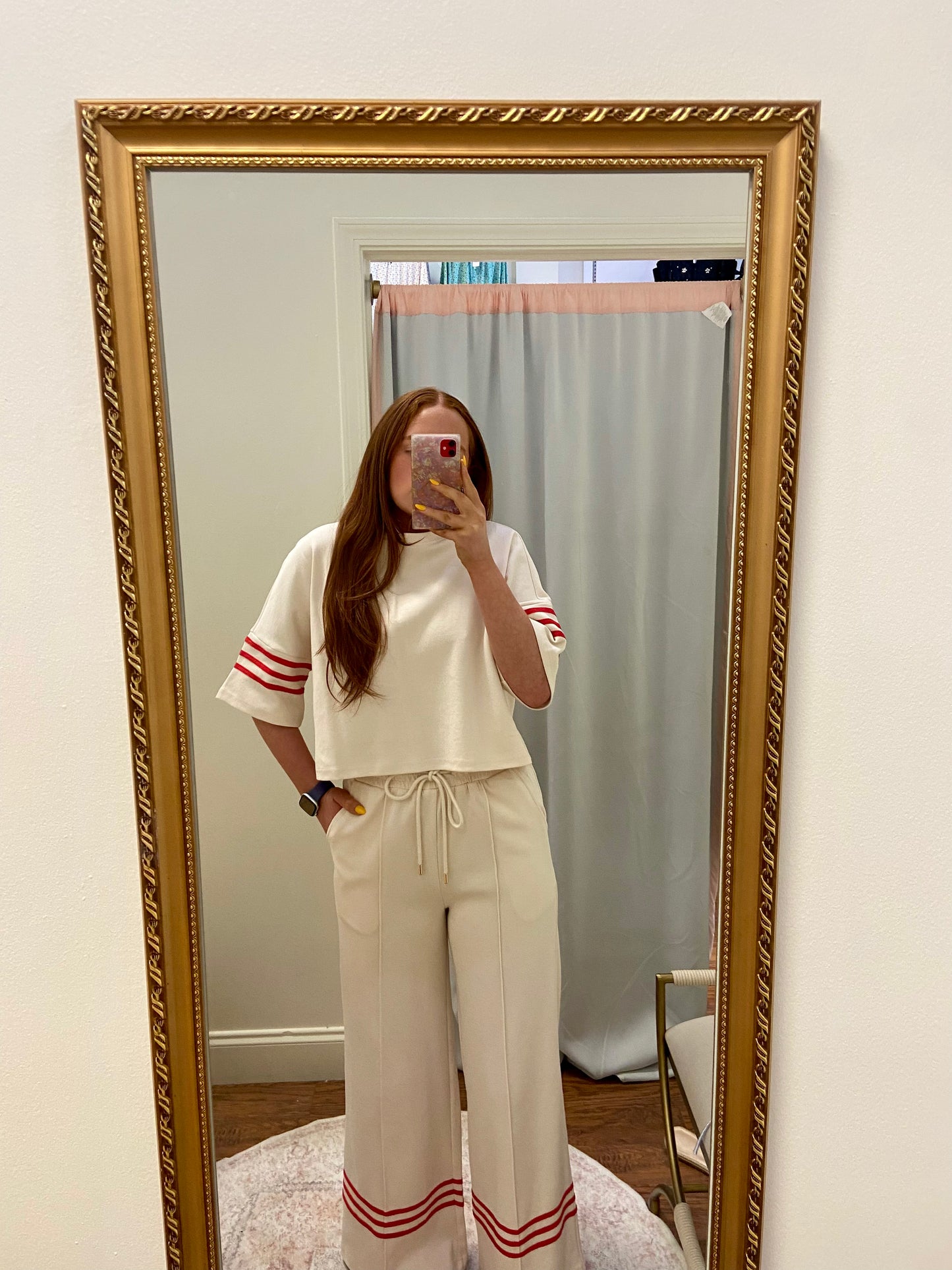 Perry Ecru Sweat Pant Set with Red Stripes