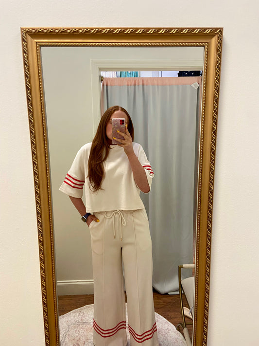 Perry Ecru Sweat Pant Set with Red Stripes