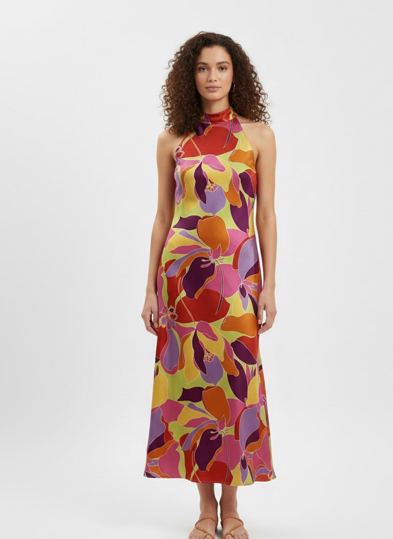 Karlie Floral Satin Mock Halter Maxi Dress