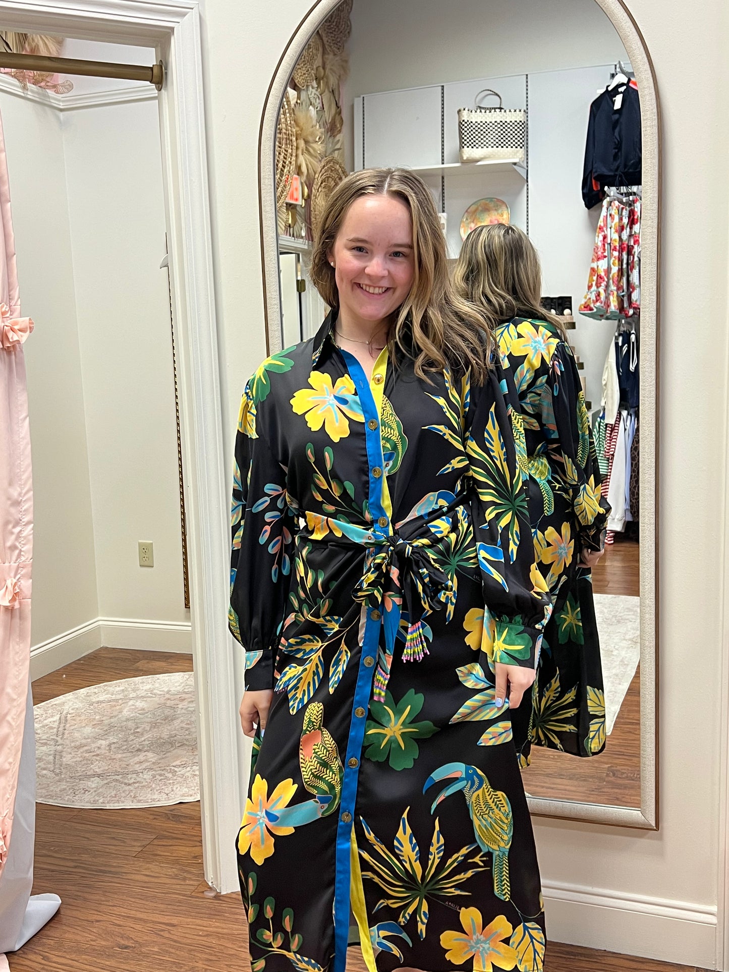 KARLIE Toucan Jungle Button Knot Satin Maxi Dress