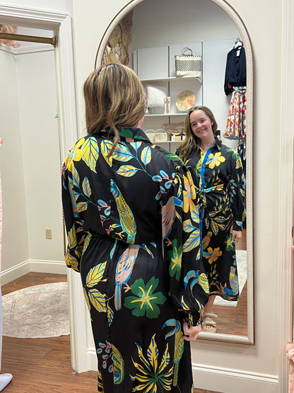 KARLIE Toucan Jungle Button Knot Satin Maxi Dress