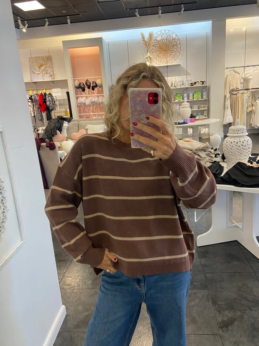 Rebel Brown with Tan Stripe Long Sleeve Sweater