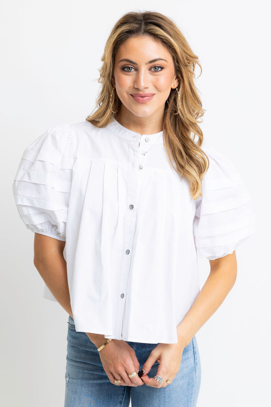 KARLIE White Poplin Pleat Sleeve Top