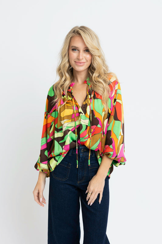 KARLIE Brown Abstract Satin V-Neck Blouse
