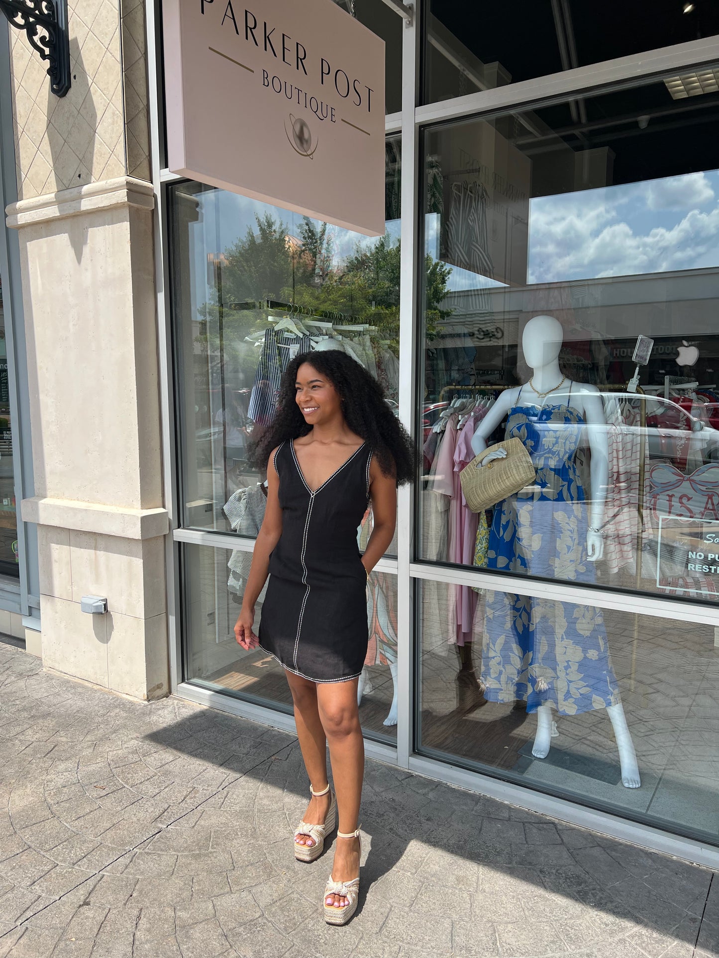 Amara Contrast Stitch V Neck Linen Mini Dress