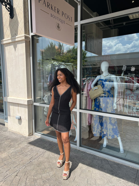 Amara Contrast Stitch V Neck Linen Mini Dress
