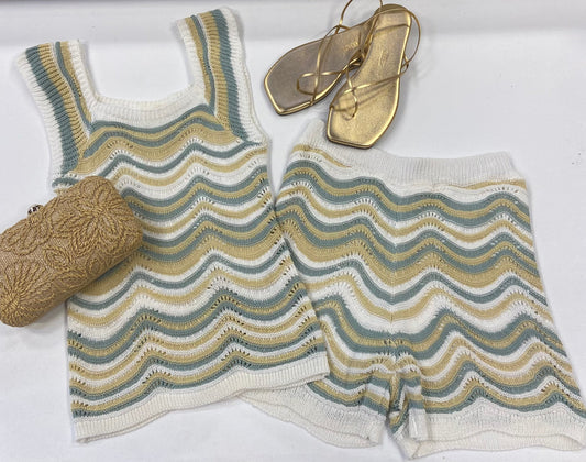 Kiah Cream and Blue Crocheted Short Set