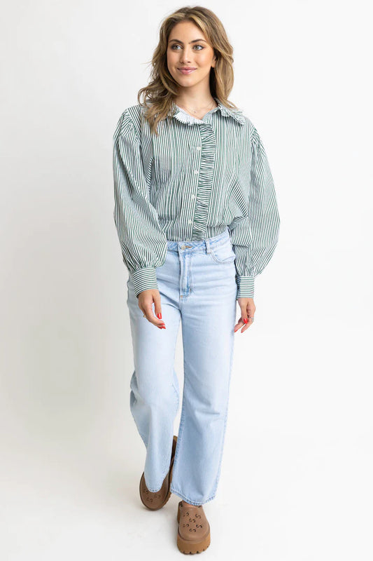 Karlie Green Stripe Pleat Ruffle Trim Blouse