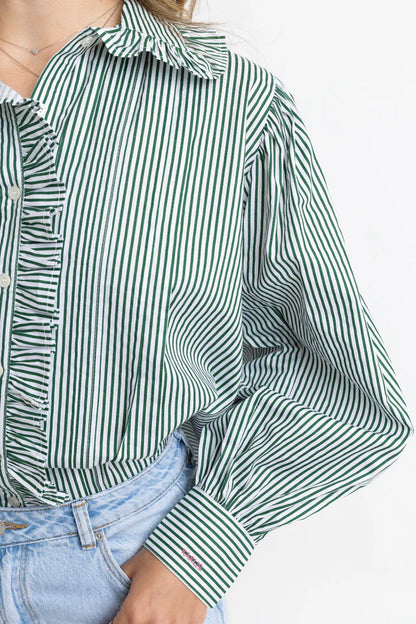Karlie Green Stripe Pleat Ruffle Trim Blouse