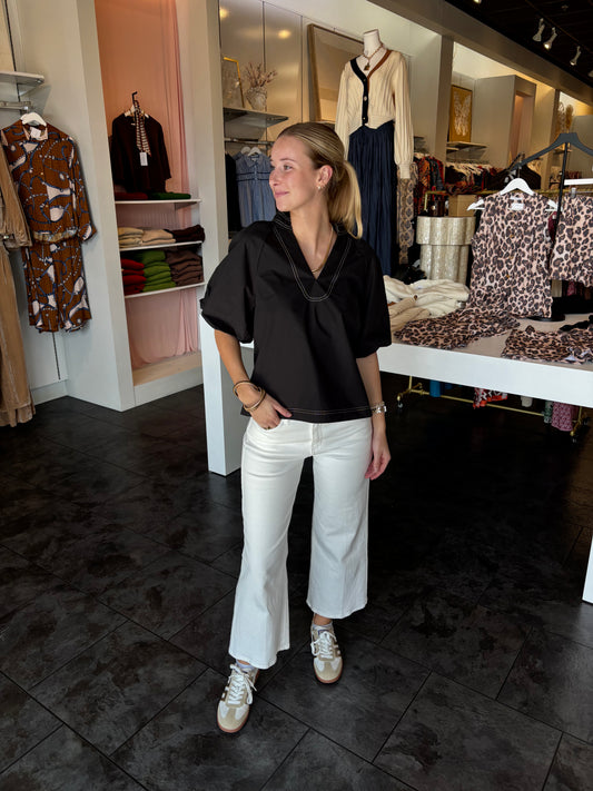 Black Puff Sleeve V-Neck Blouse