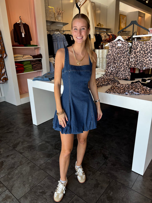 The Emily Dark Denim Square Neck Bubble Hem Dress