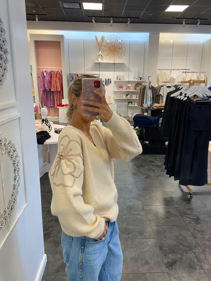 Ivory V-Neck Sweater with Lurex Flowers on the Sleeves