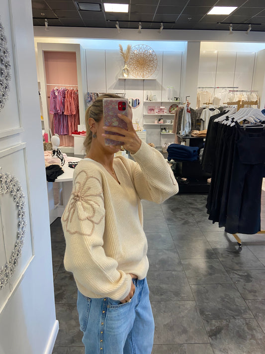 Ivory V-Neck Sweater with Lurex Flowers on the Sleeves