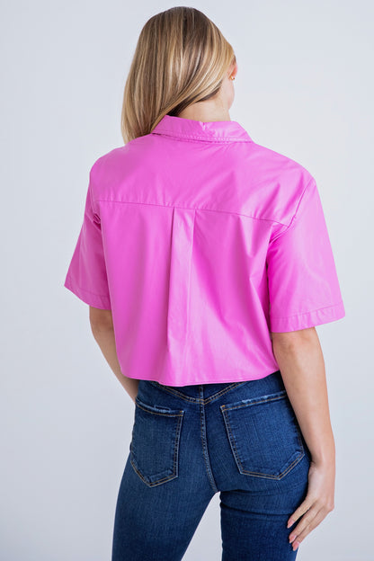 KARLIE Bubble Gum Pink Pleather Pocket Camp Shirt