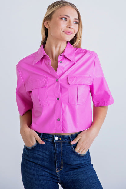 KARLIE Bubble Gum Pink Pleather Pocket Camp Shirt