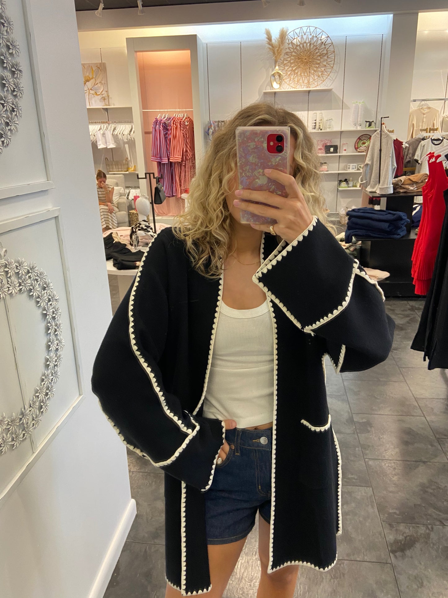 Black with White Trim Long Sleeved Cardigan