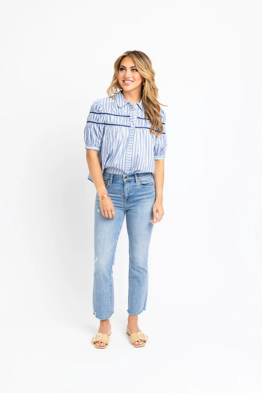 Karlie Blue Stripe Button Down Puff Sleeve Shirt