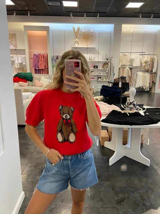 Red Puff Sleeve Teddy Bear Sweater