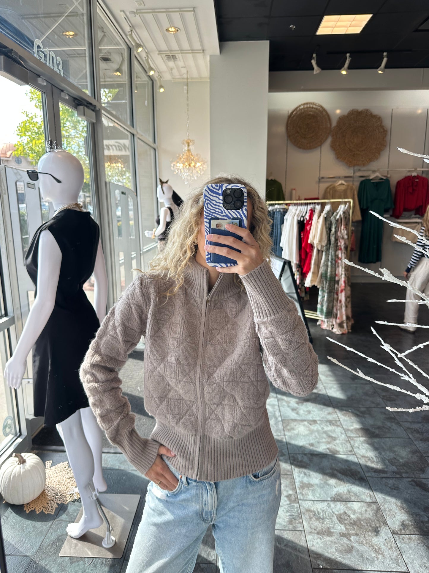 Tan High Neck Text Rib Edge Zip Cardigan