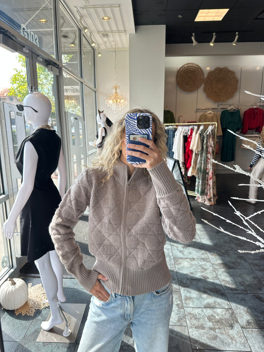 Tan High Neck Text Rib Edge Zip Cardigan