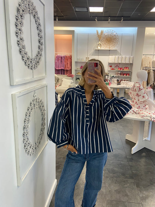 Navy with White Stripe Bubble Sleeve Blouse