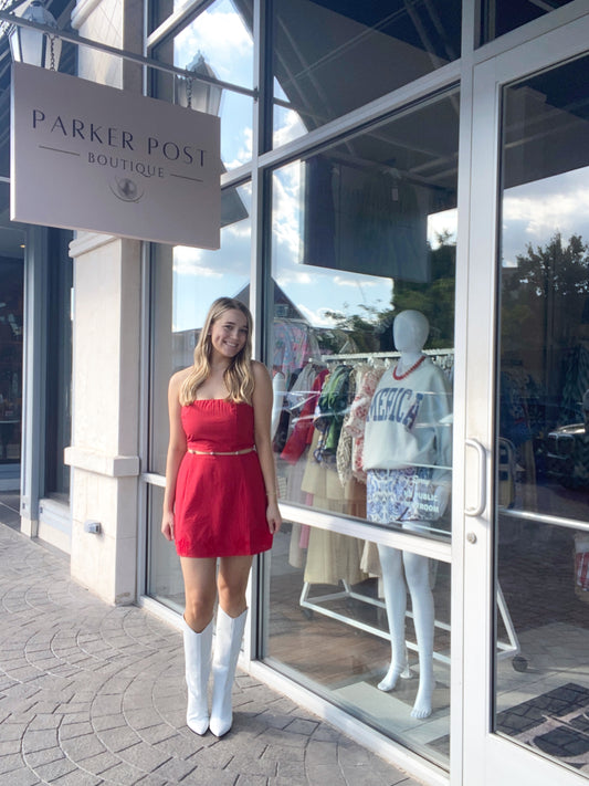 Red Embroidered Star Strapless Mini Dress